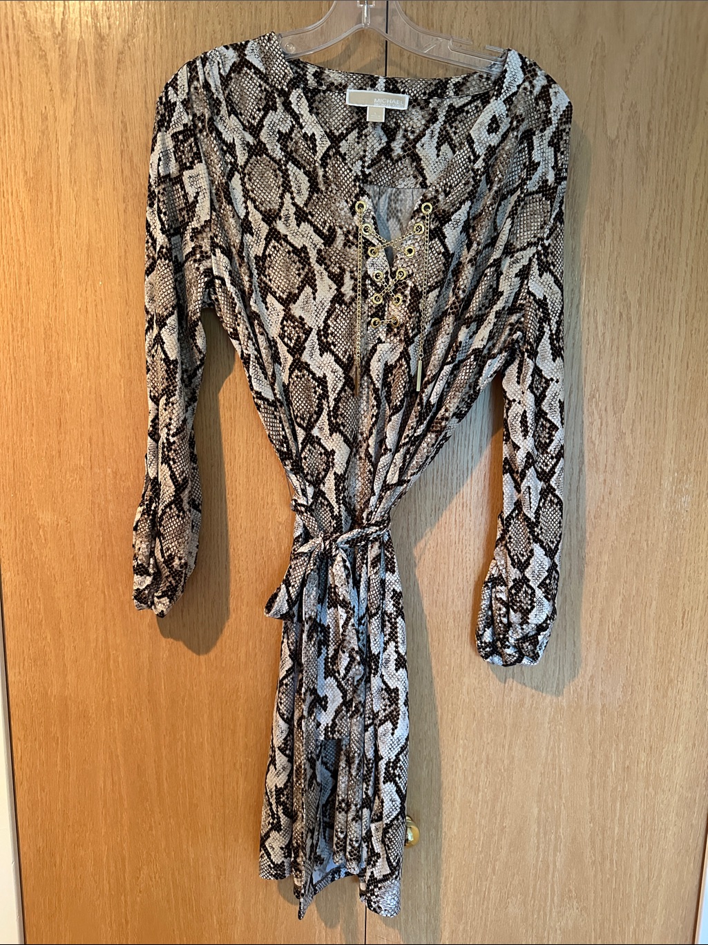 Michael Kors Snake Print Tie-Waist Long Sleeve Dress - Brown & Taupe